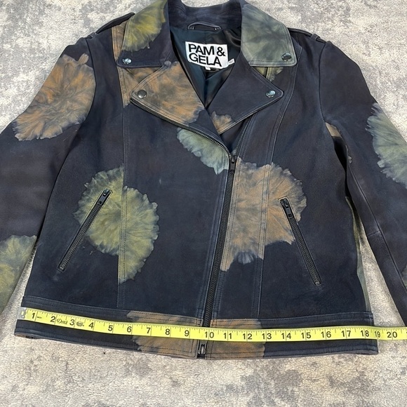 Pam & Gela Tie Dyed Leather Painted Floral Moto Biker Jacket Black Sz M - Picture 9 of 14